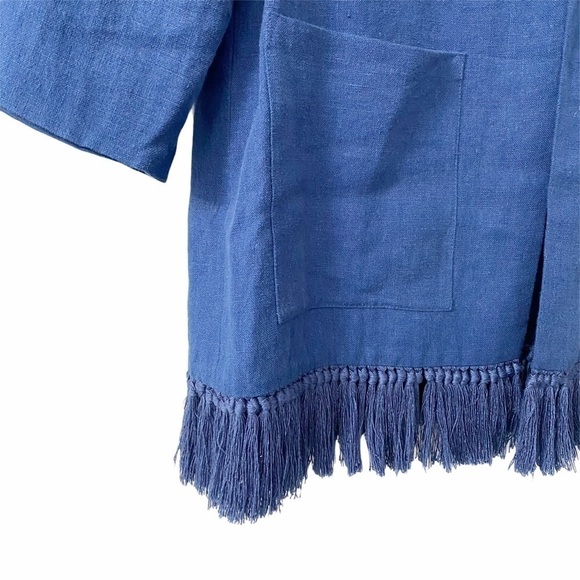 Tory Burch Emily Blue Fringe Trim Linen Blend Open Front Jacket Women’s Size 10 - Picture 3 of 8